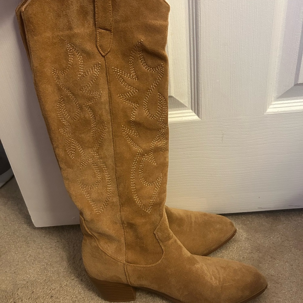 Tan Suede Knee-High Western Boots